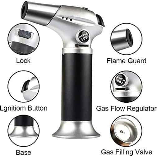Mini Kitchen Blow Torch, Refillable, Adjustable Flame, Aluminum, 6"