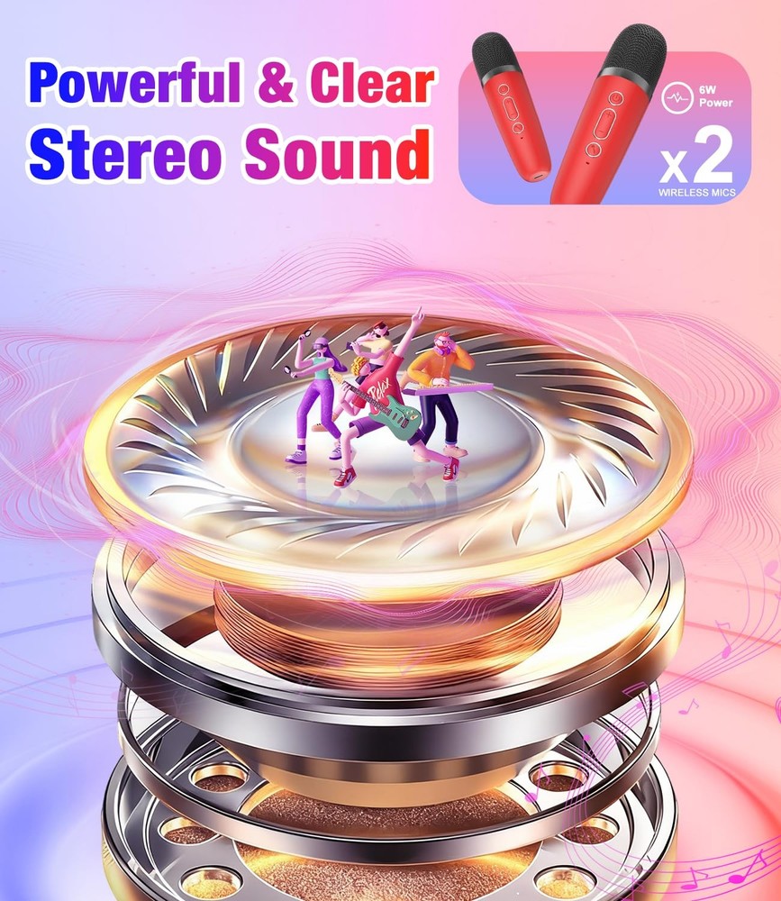 Mini Karaoke Machine, Portable Bluetooth Speaker with 2 Wireless Microphones ...