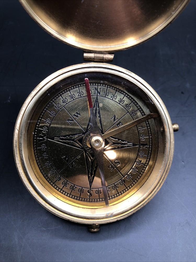 Vintage Solid Brass Pocket Compass 3 In Push Button Lock Collector Gift