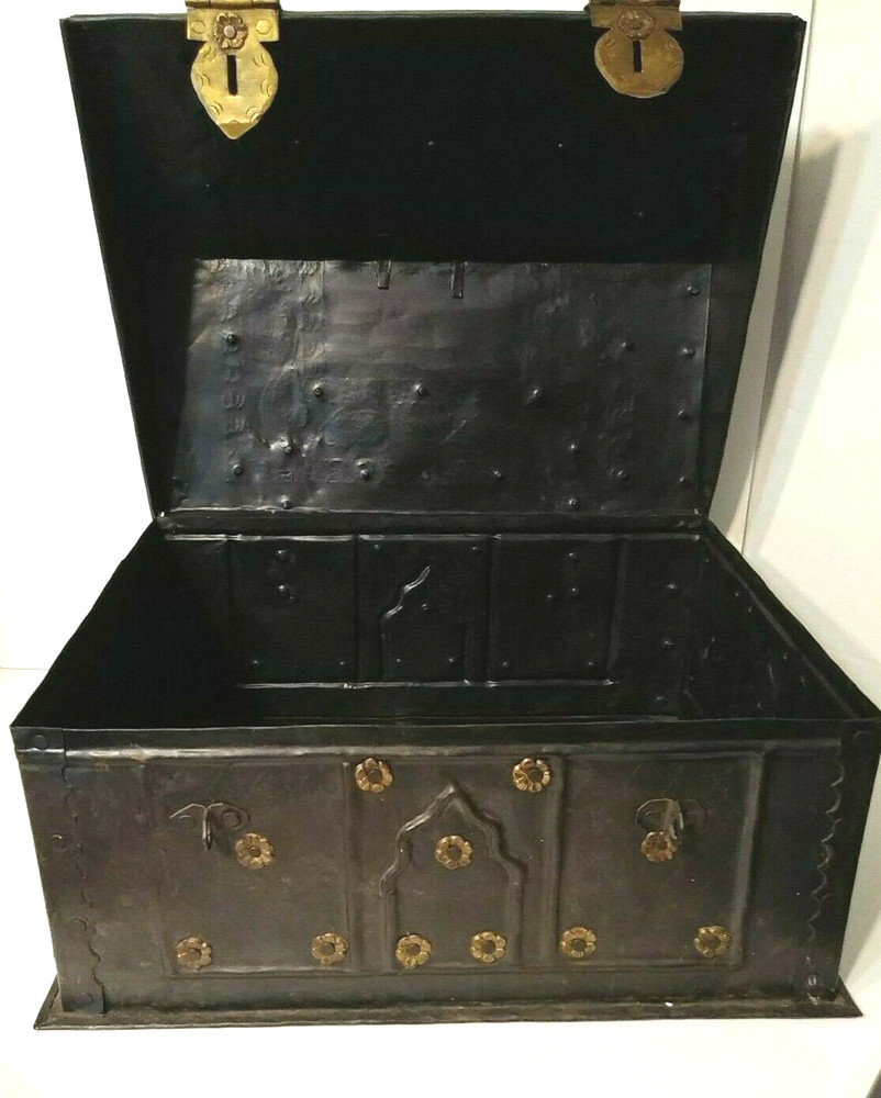 Vintage Metal Document Chest Box w/ Applied Brass Rosettes & Primitive Etching