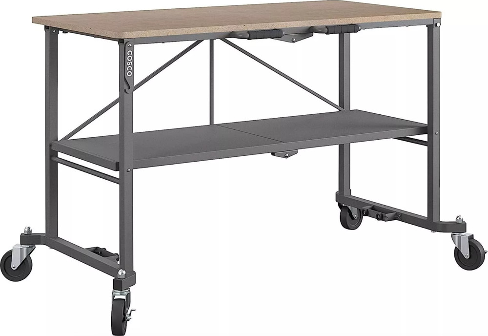 Folding Workbench Work Table w/ Wheels Bottom Shelf Storage for Workshop Garage
