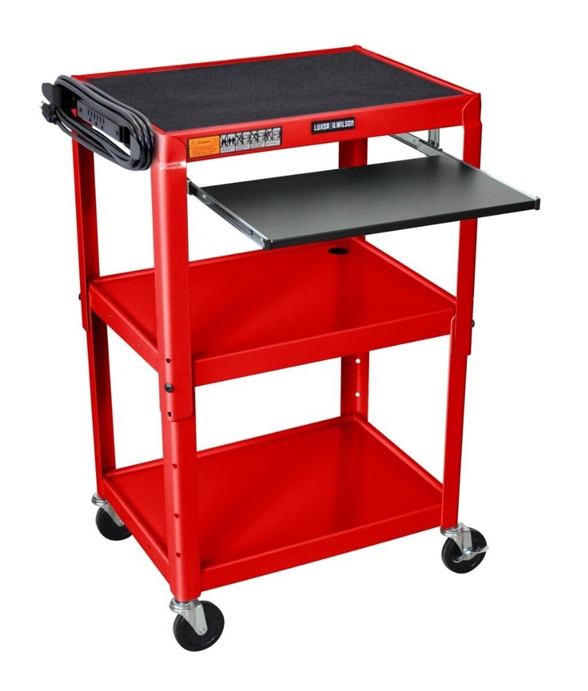 Luxor Adjustable-Height Steel Utility Cart - Pullout Keyboard Tray, Red