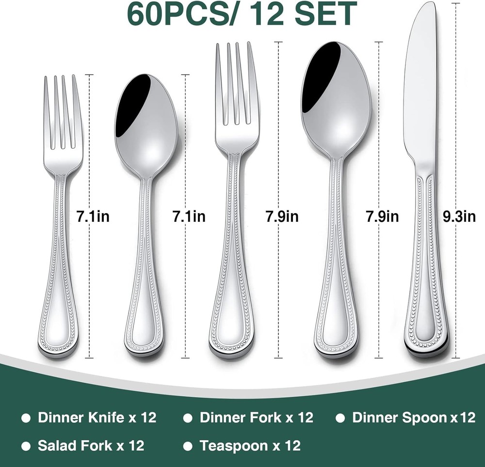 60Pcs Pearled Edge Silverware Set Tablewares Flatware Cutlery Set Service for 12