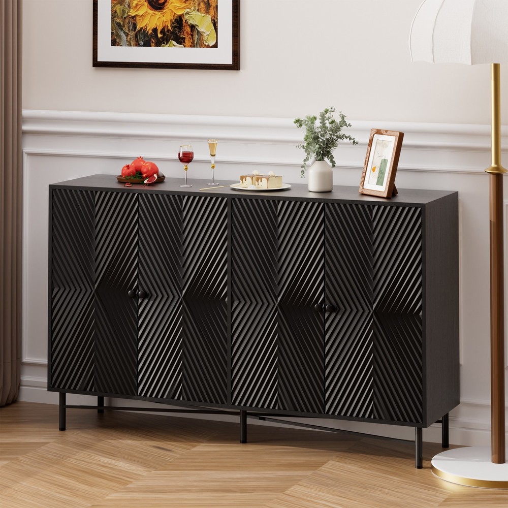 59" Fluted Sideboard Buffet Cabinet w/4 Doors Black Kitchen Storage Sideboard US