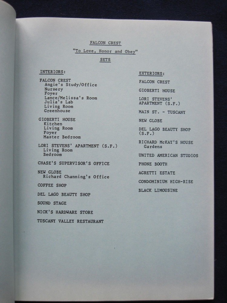 ORIGINAL TV Script FALCON CREST Love Honor & Obey BRADFORD DILLMAN'S Copy &Notes
