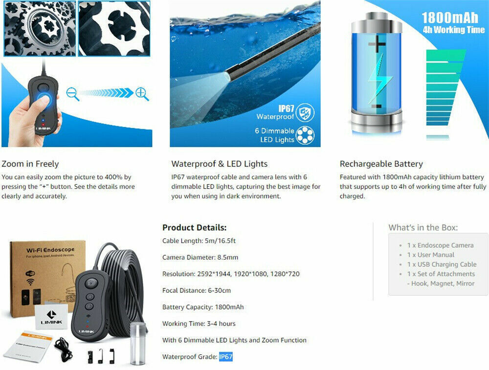 5M WiFi Snake Borescope Endoscope 8.5mm Inspection Camera for iPhone Android iOS