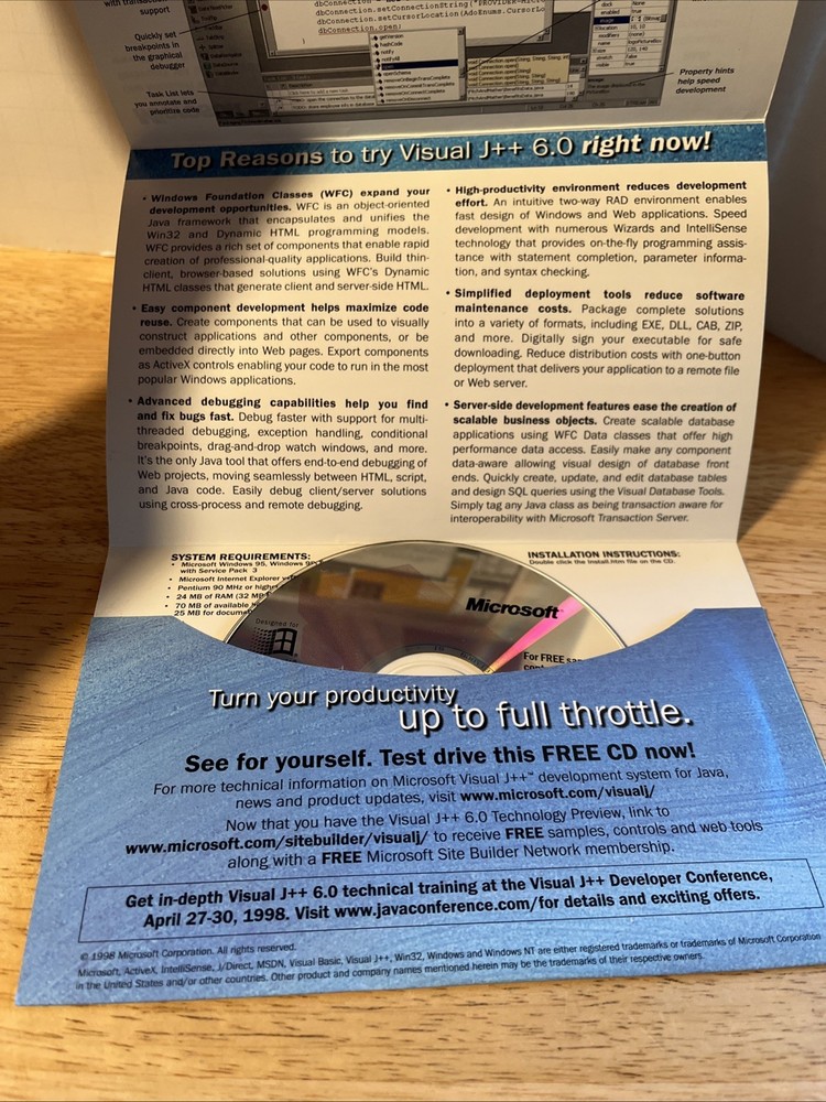 Microsoft Visual J++ 6.0 Technology Preview 1 Software Disc CD 1998