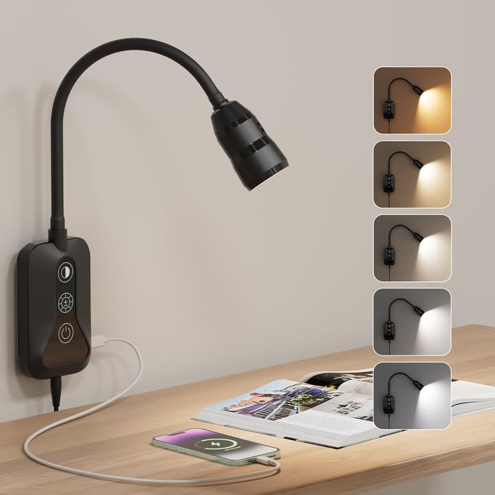 Wall Mounted Reading Light for Bed, Headboard Light with 360° 1 Pack-Black