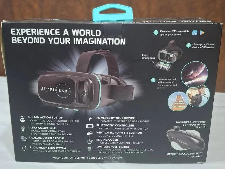 Utopia 360 Virtual Reality 3D Headset + Bluetooth Controller New In Box