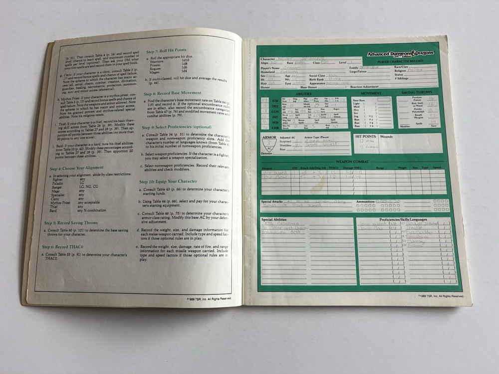 Advanced Dungeons and Dragons Character Record Sheets TSR 1989
