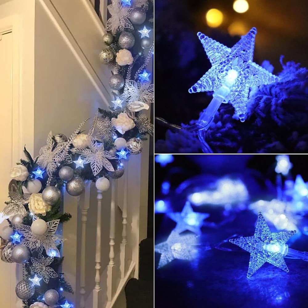33Ft Blue Led Star String Lights With Remote Control And 8 Lighting Modes