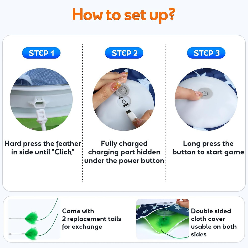Interactive Cat Toys Moving Feather Concealed in Mat Rechargeable Exercise Bored