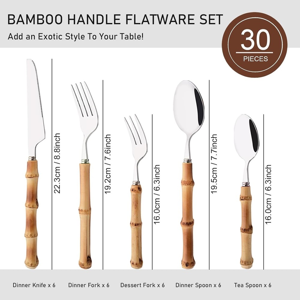 30PCS Silverware Set for 6, Bamboo Handle Flatware Set, Stainless Steel Cutle...