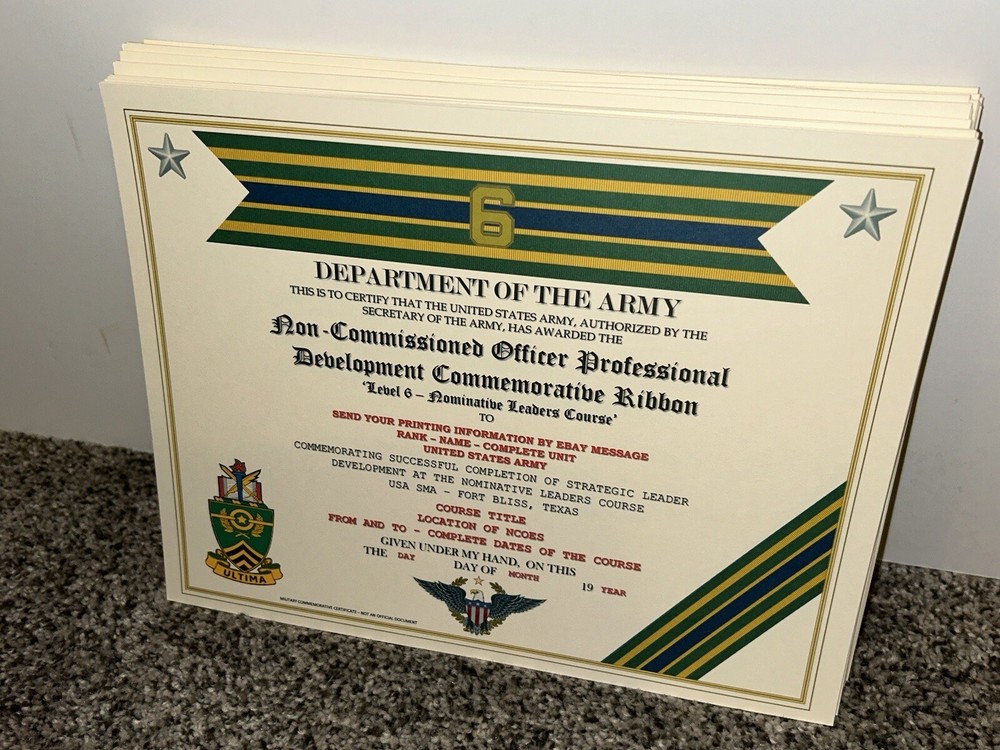 NCO PROFESSIONAL DEVELOPMENT LV-6 COMMEMORATIVE CERTIFICATE ~ W/PRINTING TYPE-1
