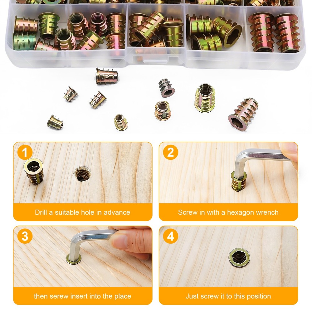 230PCS Threaded Insert Nuts Kit M4 M5 M6 M8 M10 Hex Socket Wood Inserts with Box