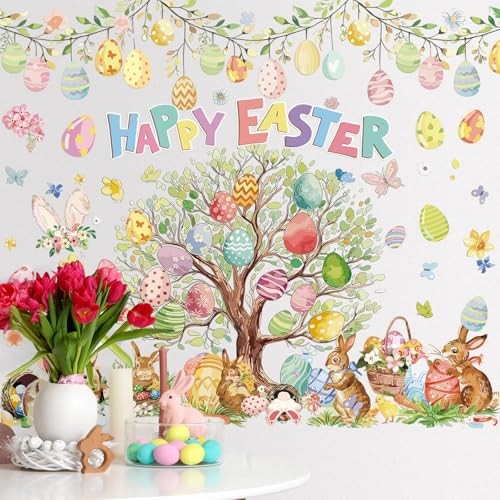 2 Pcs Large Easter Eggs Tree Wall Decals 44 x 32 Happy Rabbit Easter Bunny