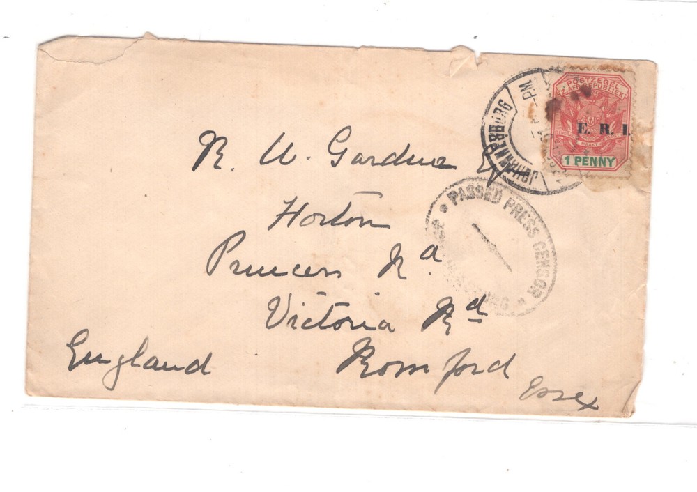 South  Africa   censor  cover  to  Engalnd