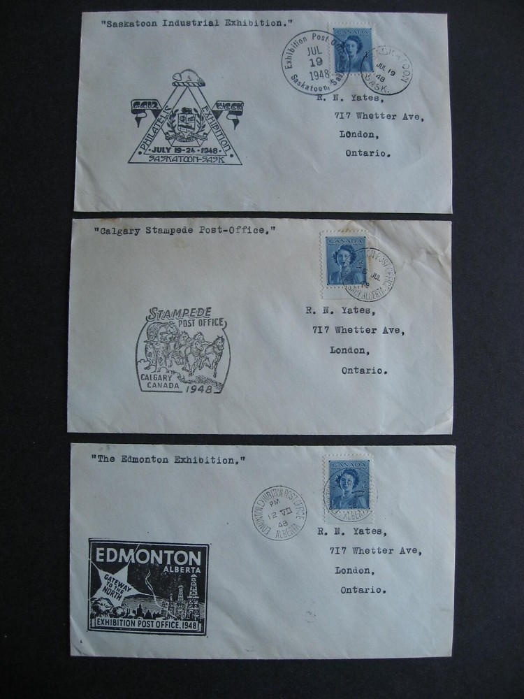 Canada exhibition covers 3 different from 1948 with QEII stamp, flaps stuck.