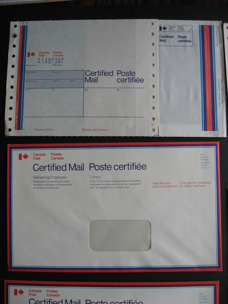 Canada Certified Mail forms, envelopes unused 8 different interesting group here
