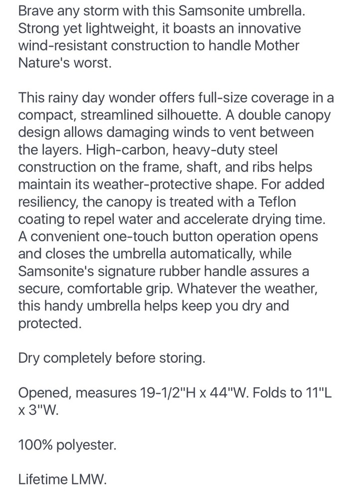 Samsonite Wind Resistant Double Canopy Auto Open & Close Umbrella (Navy:S/3)