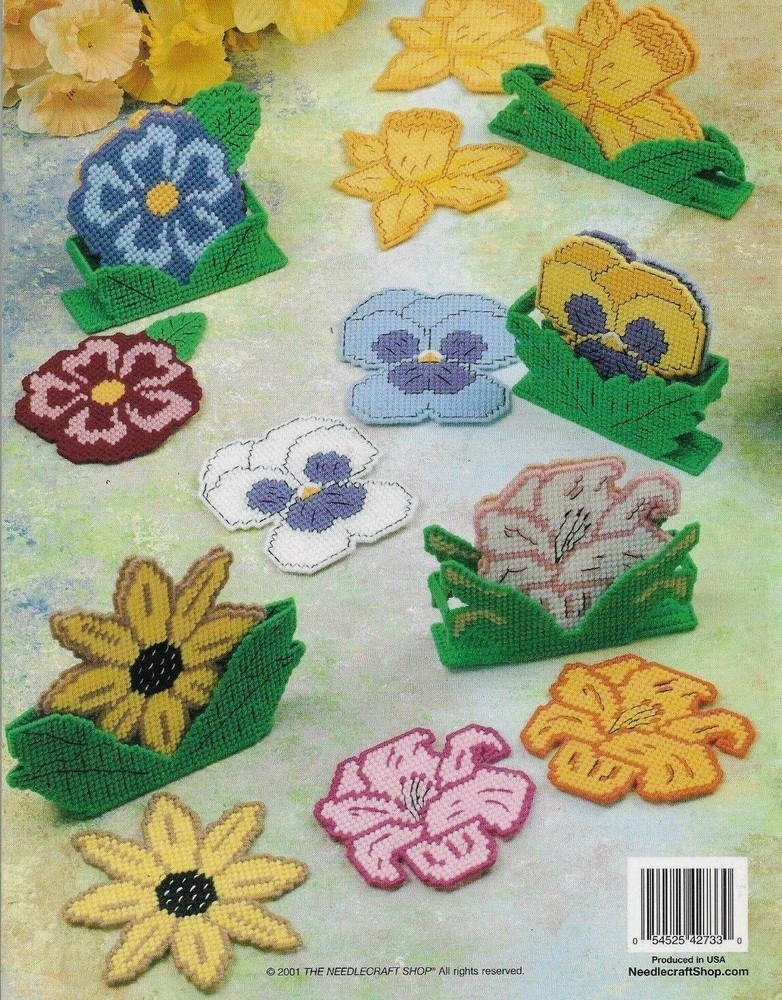 USED FLOWER COASTERS 8 DESIGNS HOME DECOR PLASTIC CANVAS PATTERN BOOK