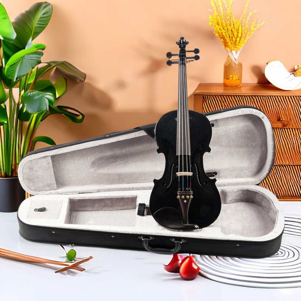 Black 4/4 Full Size Solid Wood Violin Set w/ EQ, Shoulder Rest, Electronic Tuner