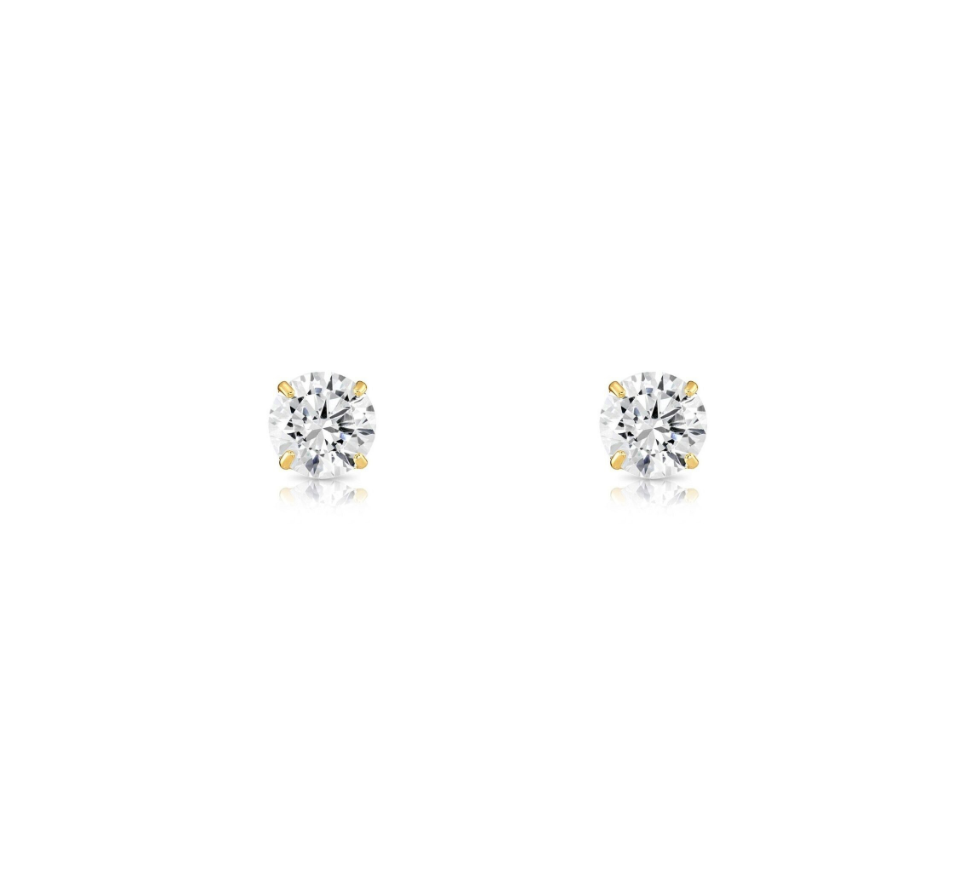 14K Solid Yellow/White Gold Round CZ Stud Earrings Basket Setting 2-10mm