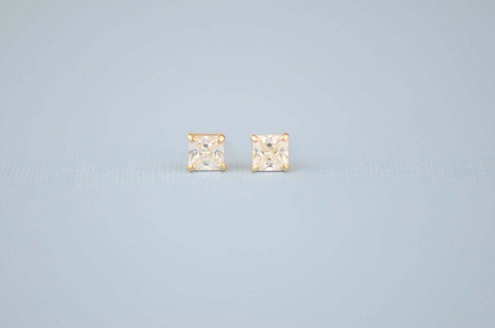 14k solid yellow gold square clear CZ basket set stud earrings 3mm-10mm