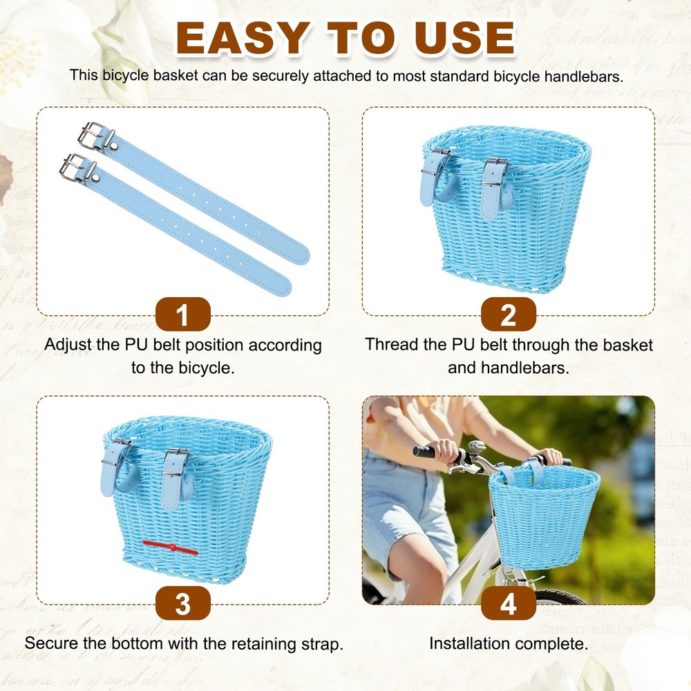 Handwoven Wicker Rainbow Bicycle Basket with Adjustable, Blue