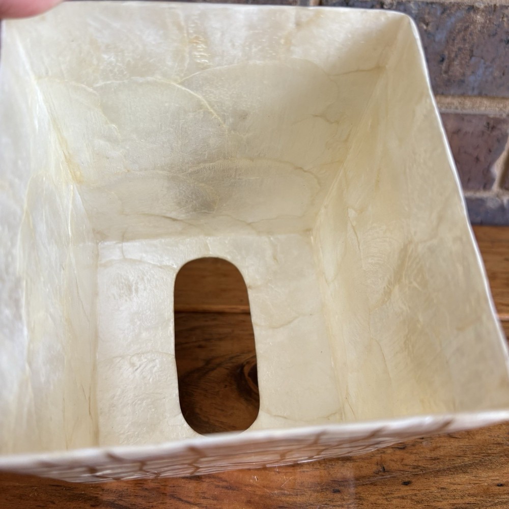 Capiz Shell Square Tissue Box Cover With Gold Plaid Pattern