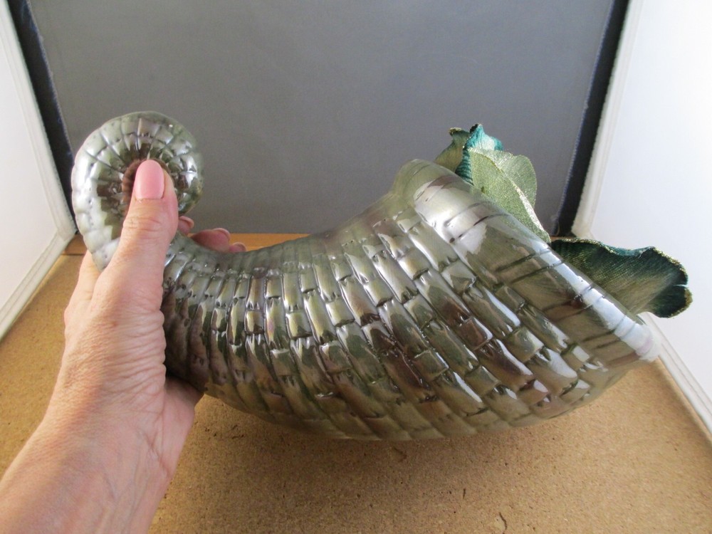 Green Ceramic Cornucopia Thanksgiving Table Decor & Silk Flower