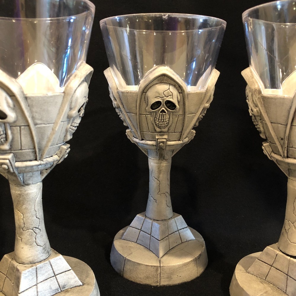 3 Scary Skeleton Plastic Halloween Goblets, Stem Glasses