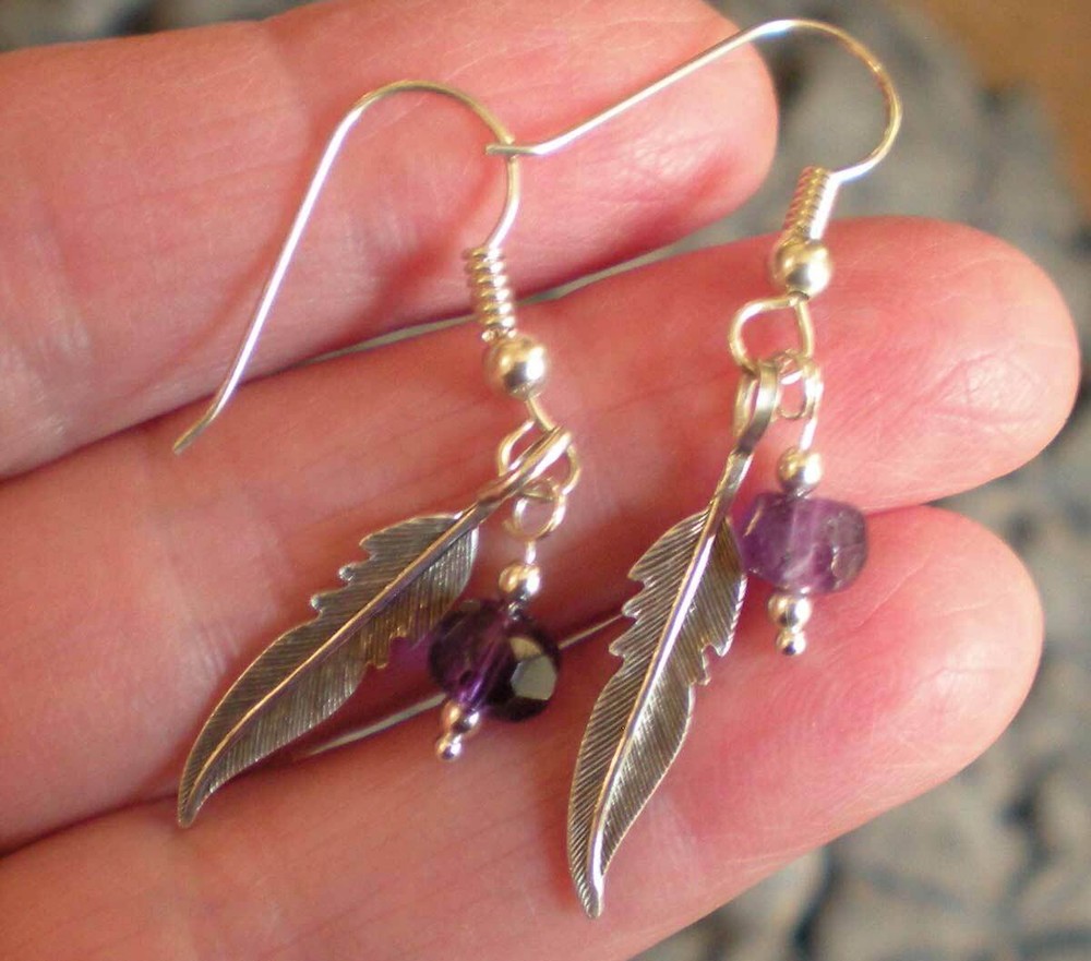 Amethyst Sterling Silver Feather Earrings e165