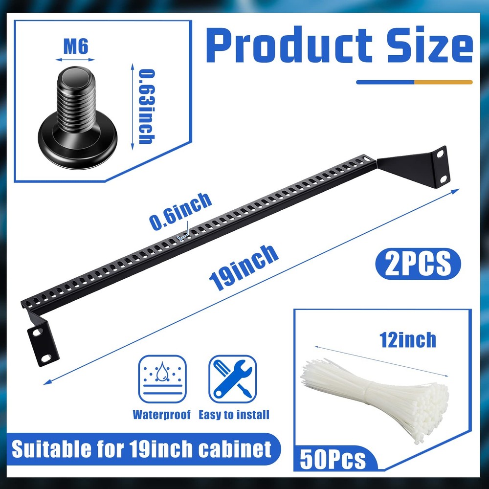 2 Pcs 1U Horizontal 19 Inch Rack Mount Cable Management Support Bar Bracket C...