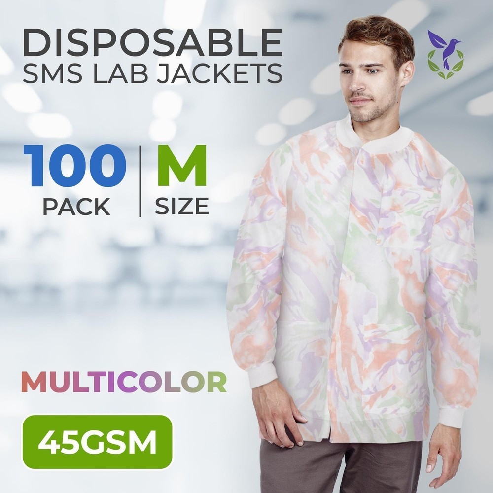 Multicolor Disposable Lab Jackets SMS Snap Front 100 Count Medium Size