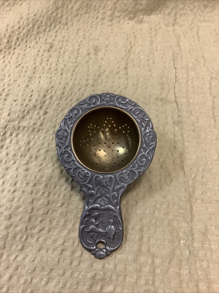 Antique German Silver Brass Tea Strainer 4” repousse'