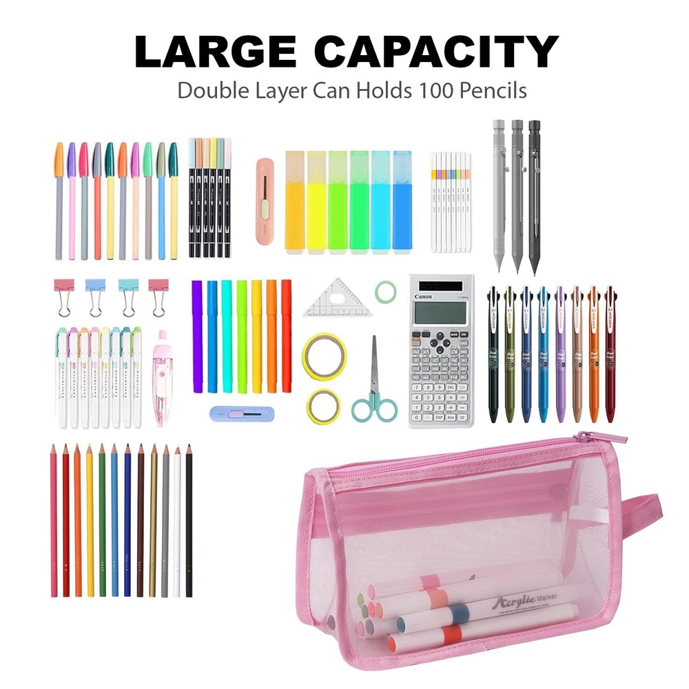 2-Pack Grid Mesh Pencil Case with Handle and Zipper, Double Layer Clear Pencil