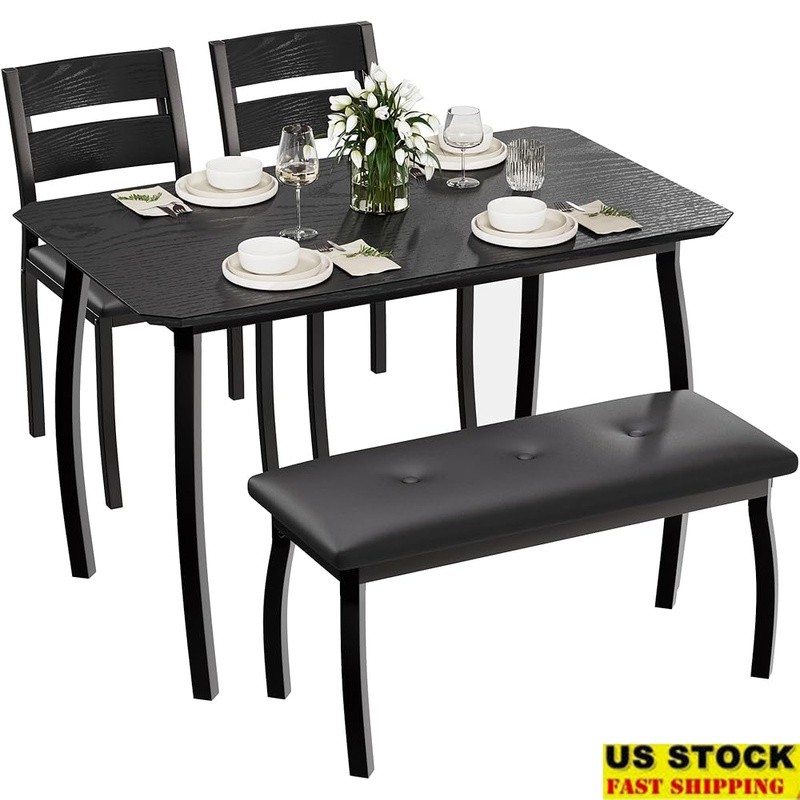 Compact 4-Piece Rustic Dining Set PU Leather Chairs Space-Saving Table Kitchen