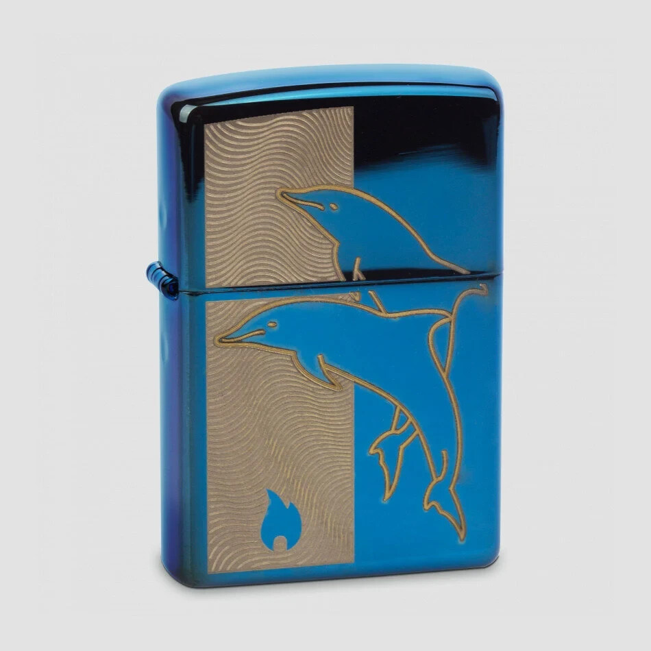 Gorgeous Polished Sapphire Dolphins Zippo Lighter