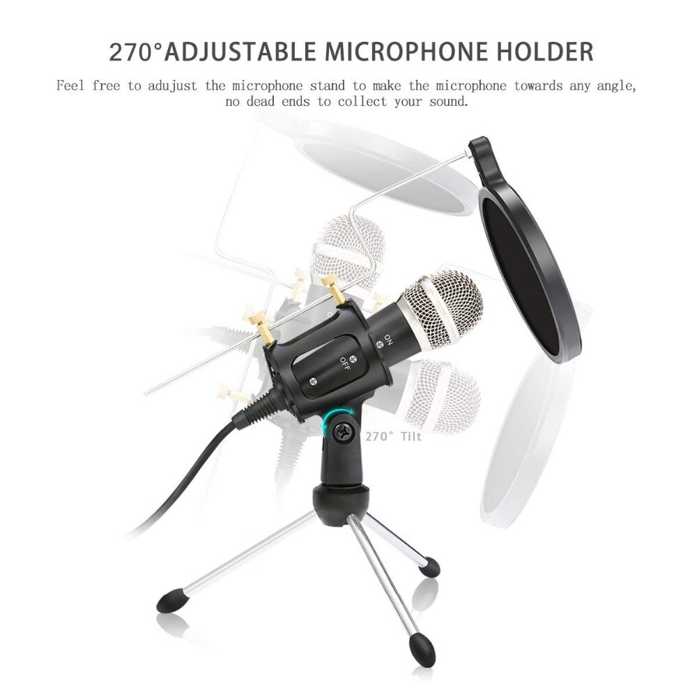 Condenser Recording Microphone 3.5mm Plug & Play for Mac PC Android Gaming Black