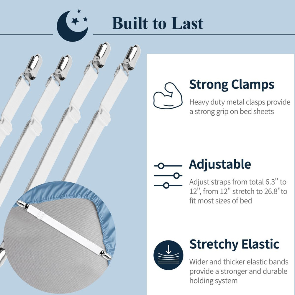 Bed Sheet Straps, Adjustable Elastic Fitted Sheet Corner Holders Straps to Stay