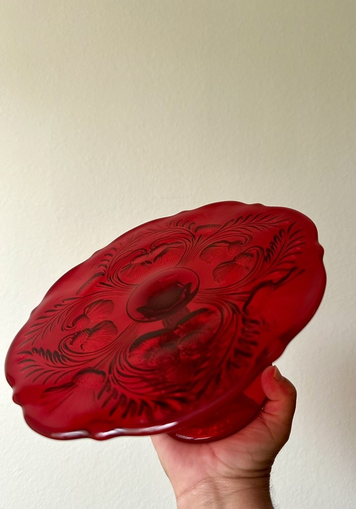 Mosser Inverted Thistle Pedestal Ruby Red Cake Plate Stand Excellent Condition