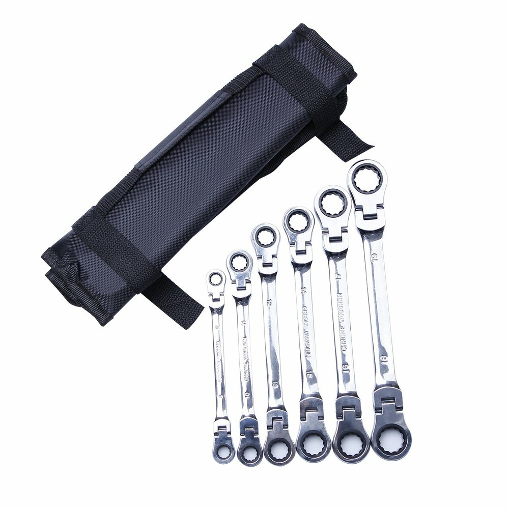 6Pcs Universal Double Box End Ratcheting Wrench Flex-Head Extra Long Spanner Set