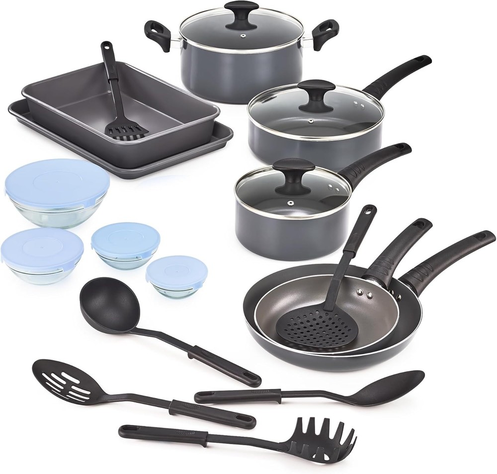 BELLA Cookware Set with Glass Lids Nonstick, 21 Piece, Black