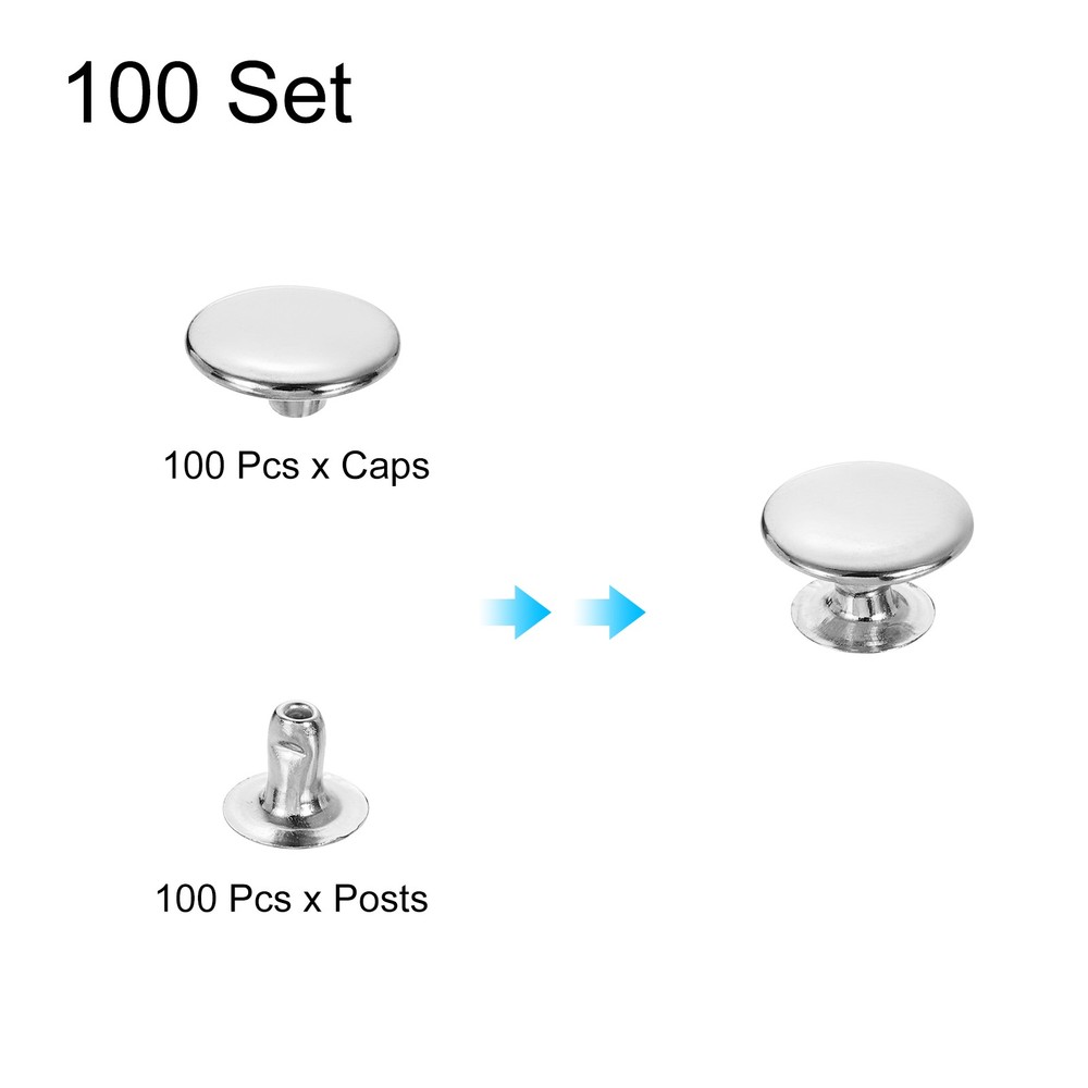 100Sets Single Cap Rivet 10mm Carbon Steel Round Head Snap Studs, Silver