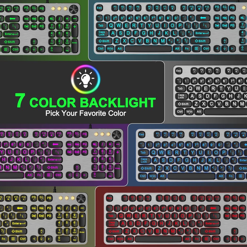 Large Print Backlit Keyboard with 7-Color Backlit, Wired USB Lighted Computer...