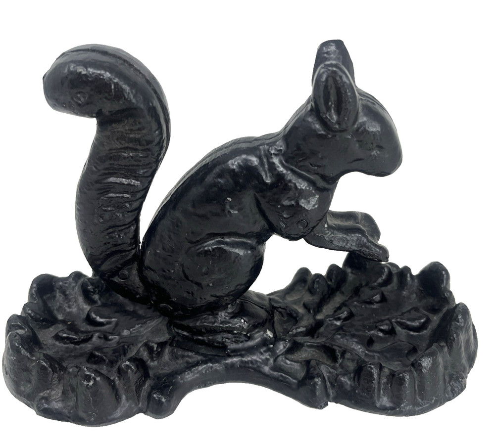 Vintage Squirrel Nutcracker on Tray with Tail Handle Pull Black Metal