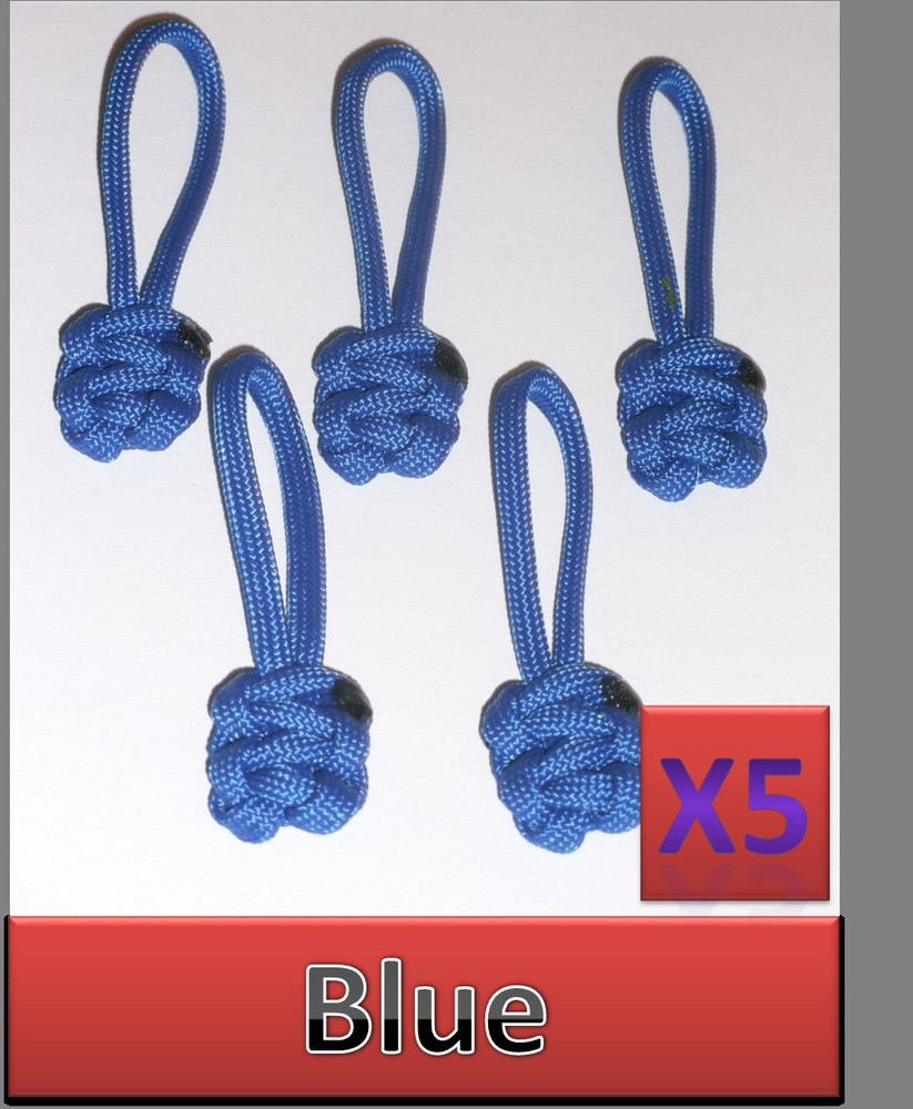 5 Lot 550 Paracord Zipper Pull / KeyChains ~2.5" - BLUE