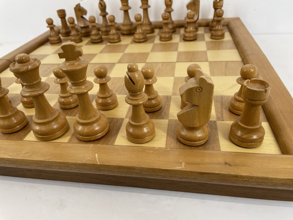Wood Chess Set In 17.5” Folding Board Storage Box Complete