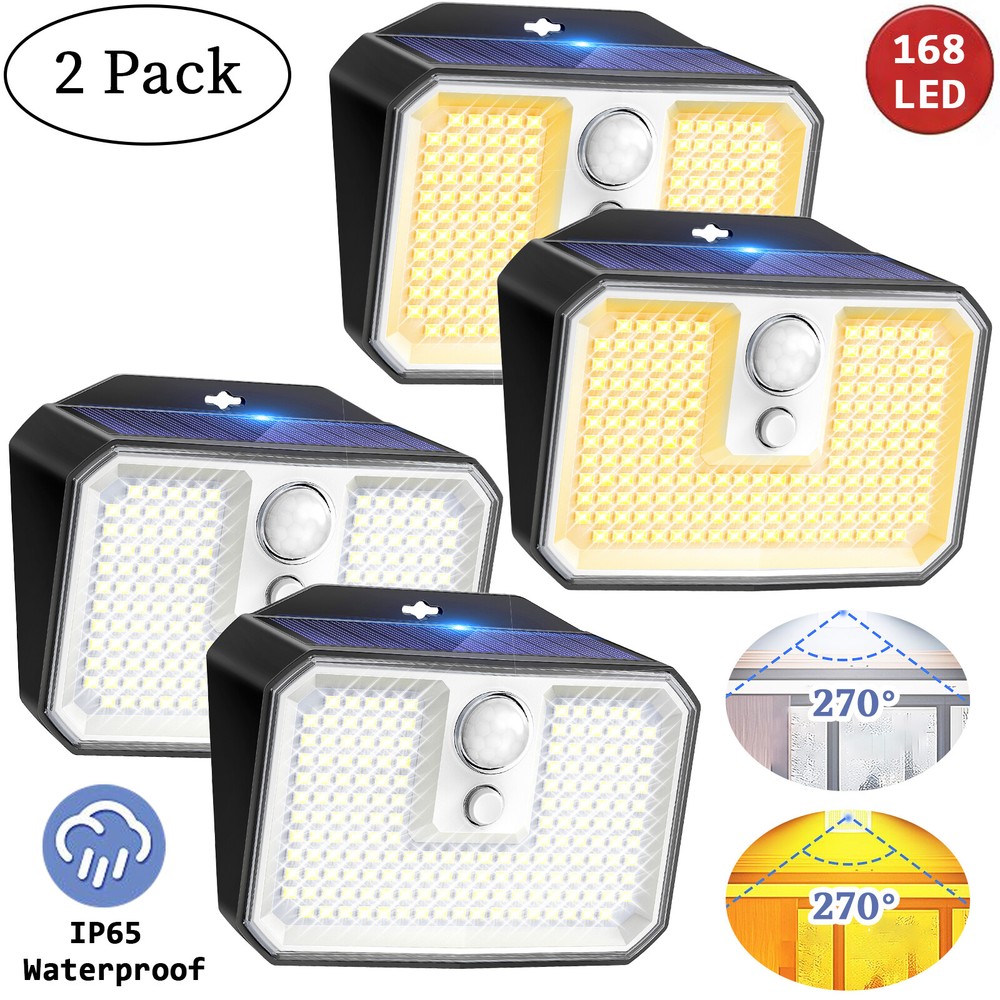 2Pack 168 LED Solar Power Wall Lights Outdoor PIR Motion Sensor Security Lamp